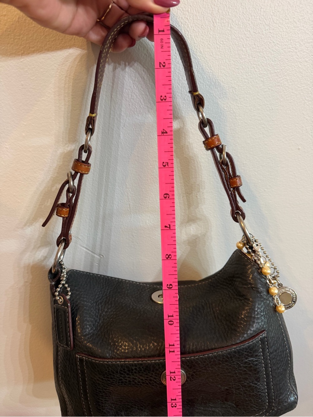 Coach Black Pebbled Leather Shoulder Bag with Brown Strap Accents - Picture 8 of 11